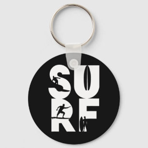 Surfer With Surfboards In Surf Wave Rider And Idea Key Ring