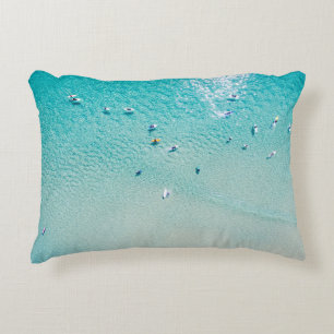 Surfers aerial view, clear ocean. decorative cushion