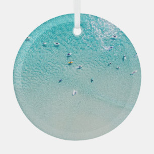 Surfers aerial view, clear ocean. glass tree decoration