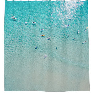 Surfers aerial view, clear ocean. shower curtain