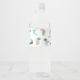 Surfers and Palm Trees Pattern Water Bottle Label