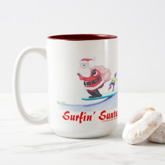 Surfin Santa Claus and a bailin' elf! Two-Tone Coffee Mug