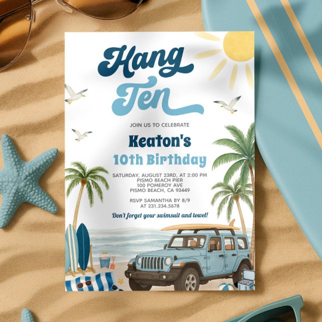 Surfing 10th Birthday Invitation - Hang Ten (Surfing 10th Birthday Invitation - Hang Ten)