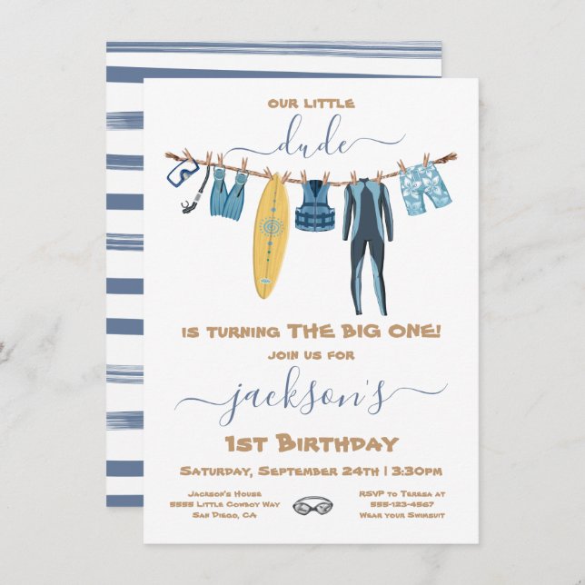 Surfing 1st Birthday Party Clothesline Invitation (Front/Back)