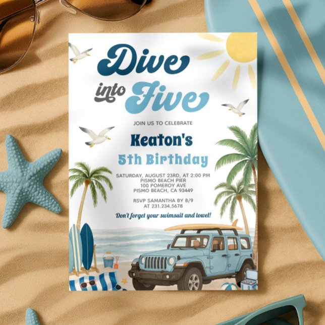 Surfing 5th Birthday Invitation - Dive into Five (Surfing 5th Birthday Invitation - Dive into Five)