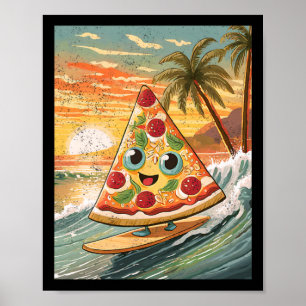 Surfing A Wave Pizza Slice In Tropical Beach Funny Poster