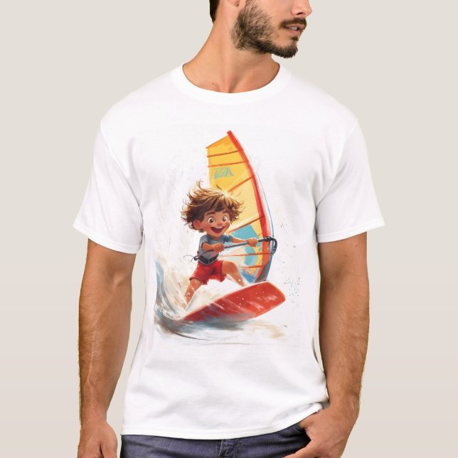 Surfing Adventure Cartoon of a Happy Kid T-Shirt (Front)
