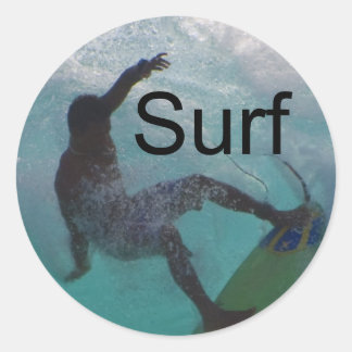 surfing at a big wave classic round sticker