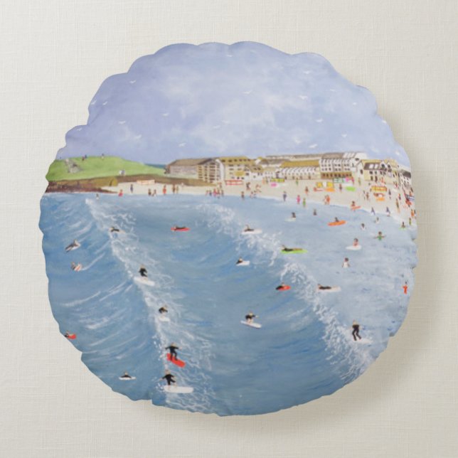 Surfing at Porthmeor Round Cushion (Front)