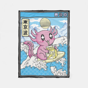 Surfing Axolotl Drinking Nana Milk Kawaii Anime Va Fleece Blanket