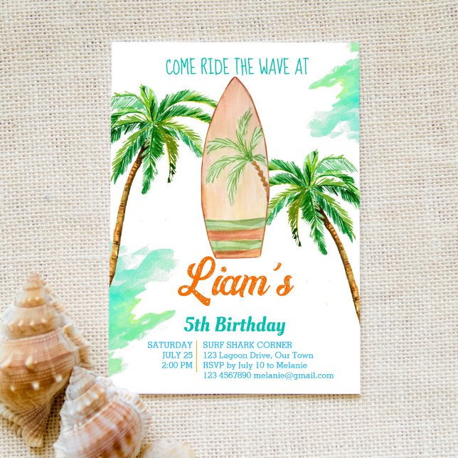 Surfing beach ocean tropical summer birthday invitation (Creator Uploaded)