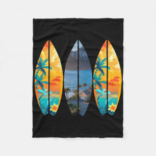 Surfing Beach Surfboard Retro Tropical Hawaii Palm Fleece Blanket