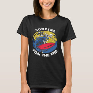 Surfing Big Wave Skeleton On Surfboard Retro Sunse T-Shirt