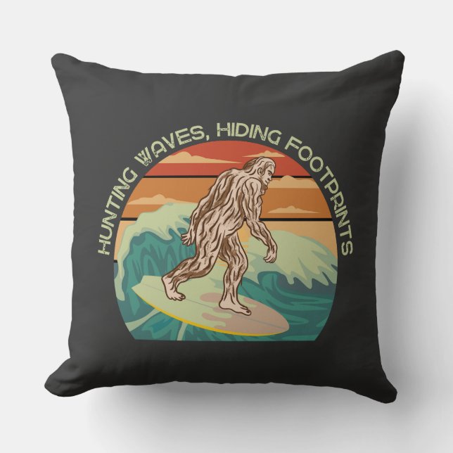 Surfing Bigfoot Hunting Waves Hiding Footprints Cushion (Front)