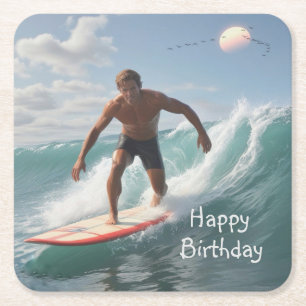 Surfing Birthday Square Paper Coaster