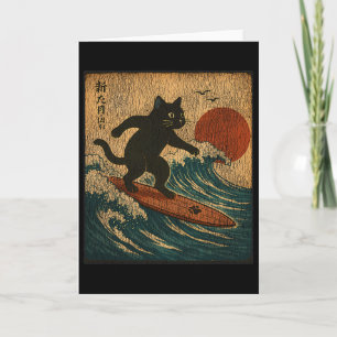 Surfing Black Cat Japanese Art Style Distressed Vi Card