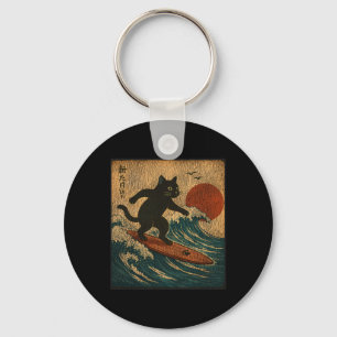 Surfing Black Cat Japanese Art Style Distressed Vi Key Ring
