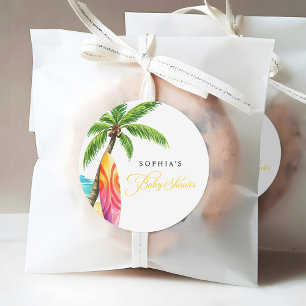 Surfing Board Summer Beach Baby Shower Favour Classic Round Sticker