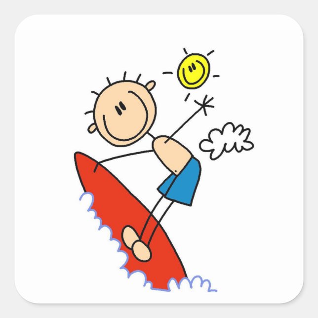 Surfing Boy Stick Figure Square Sticker (Front)