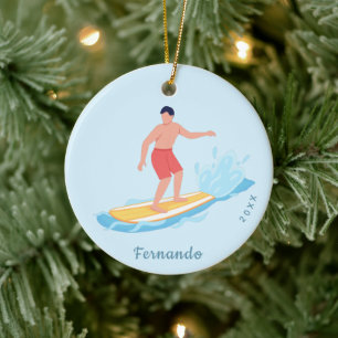 Surfing Boy Surfer Riding a Wave Name & Year Water Ceramic Tree Decoration