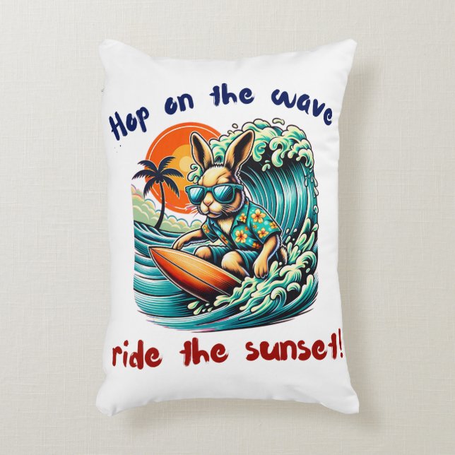 Surfing Bunny with Sunglasses Under Sunset Waves Decorative Cushion (Front(Vertical))