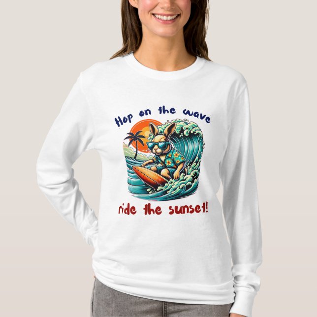Surfing Bunny with Sunglasses Under Sunset Waves T-Shirt (Front)