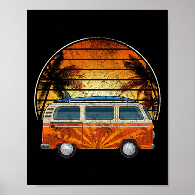 Surfing Camper Palm Tree Sunset Poster (Front)