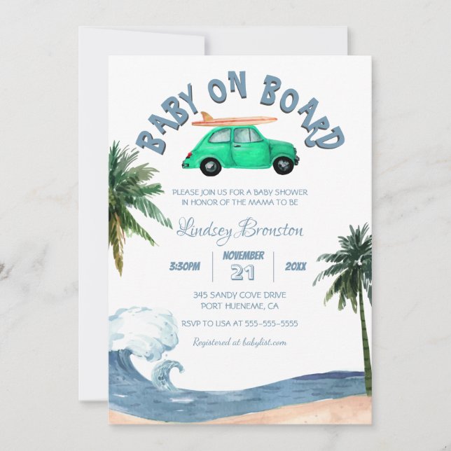 Surfing Car Coconut Tree Blue Beach Baby Shower Invitation (Front)