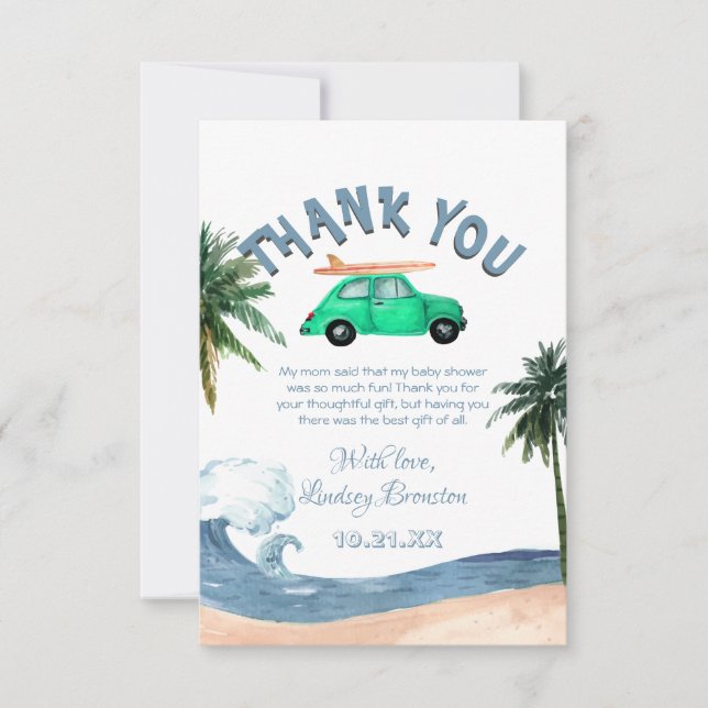 Surfing Car Coconut Tree Blue Beach Baby Shower  Thank You Card (Front)