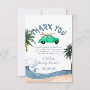 Surfing Car Coconut Tree Blue Beach Baby Shower Thank You Card