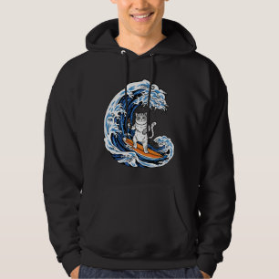 Surfing Cat on Epic Blue Wave – Cool Cartoon Ocean Hoodie