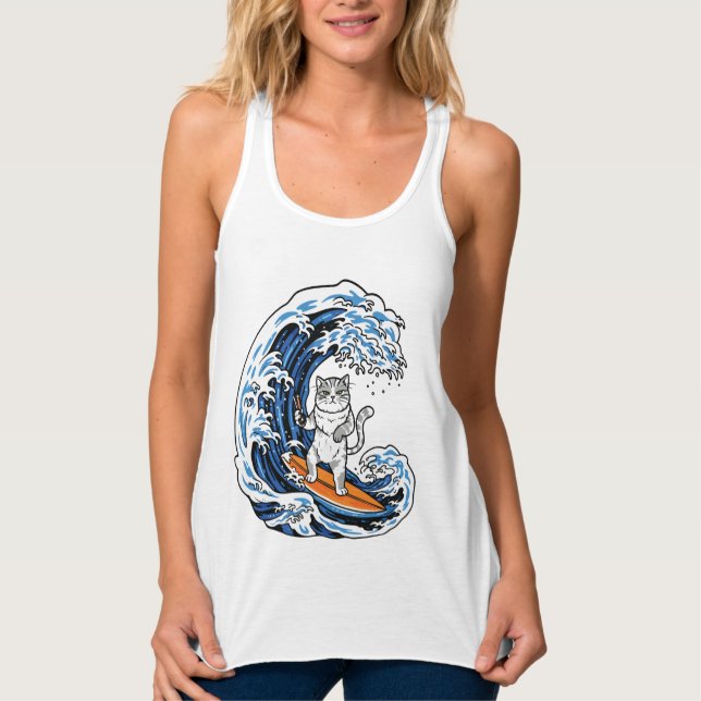 Surfing Cat on Epic Blue Wave – Cool Cartoon Ocean Singlet (Front)