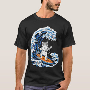 Surfing Cat on Epic Blue Wave – Cool Cartoon Ocean T-Shirt