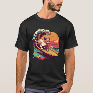 Surfing Cat Retro Vintage Sunset Beach Summer Coas T-Shirt