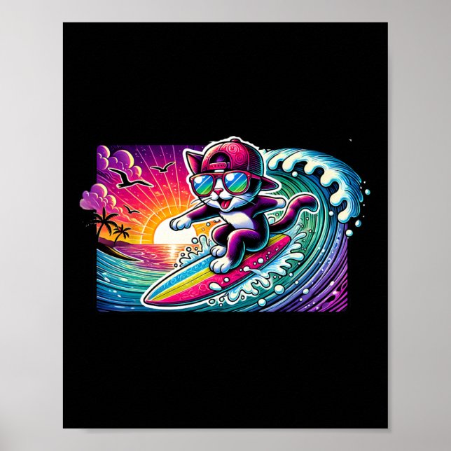 Surfing Cat Surfboard Fun Long Board Gift For Surf Poster (Front)
