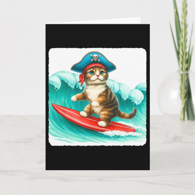 Surfing Cat With Pirate Hat On Surfboard. Waves Pl Card (Front)