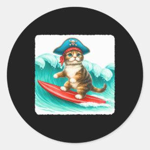 Surfing Cat With Pirate Hat On Surfboard. Waves Pl Classic Round Sticker