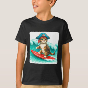 Surfing Cat With Pirate Hat On Surfboard. Waves Pl T-Shirt