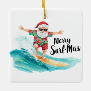 Surfing Christmas in Hawaii Tropical Santa Holiday Ceramic Ornament