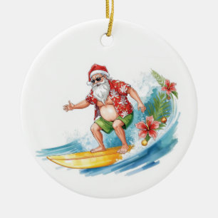 Surfing Christmas in Hawaii Tropical Santa Holiday Ceramic Tree Decoration