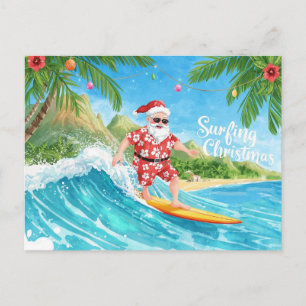 Surfing Christmas in Hawaii Tropical Santa Holiday Postcard