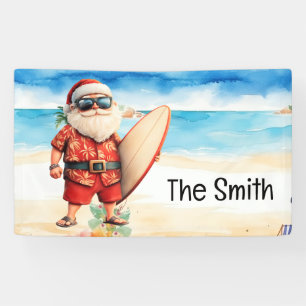 Surfing Christmas in July Santa Claus on beach Banner
