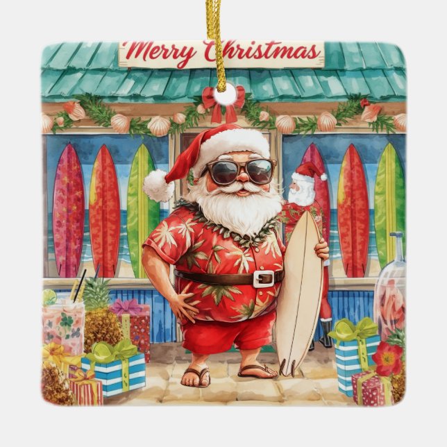 Surfing Christmas with Santa Claus surfer  Ceramic Ornament (Front)
