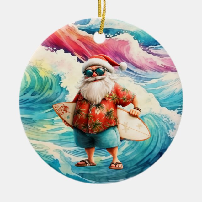 Surfing Christmas with Santa Claus surfer  Ceramic Tree Decoration (Front)