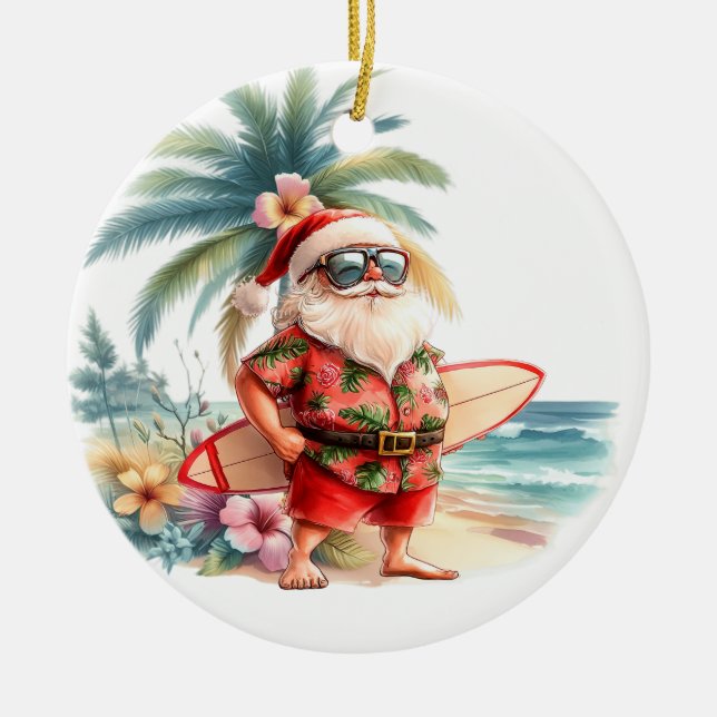 Surfing Christmas with Santa Claus surfer  Ceramic Tree Decoration (Front)