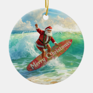 Surfing Christmas with Santa Claus surfer  Ceramic Tree Decoration