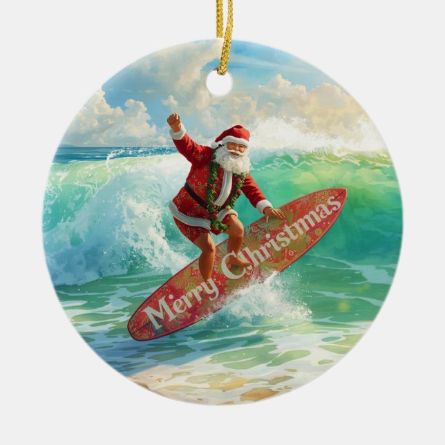 Surfing Christmas with Santa Claus surfer  Ceramic Tree Decoration (Front)