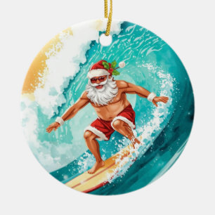 Surfing Christmas with Santa Claus surfer Ceramic Tree Decoration