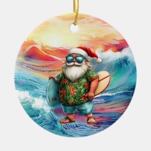 Surfing Christmas with Santa Claus surfer  Ceramic Tree Decoration