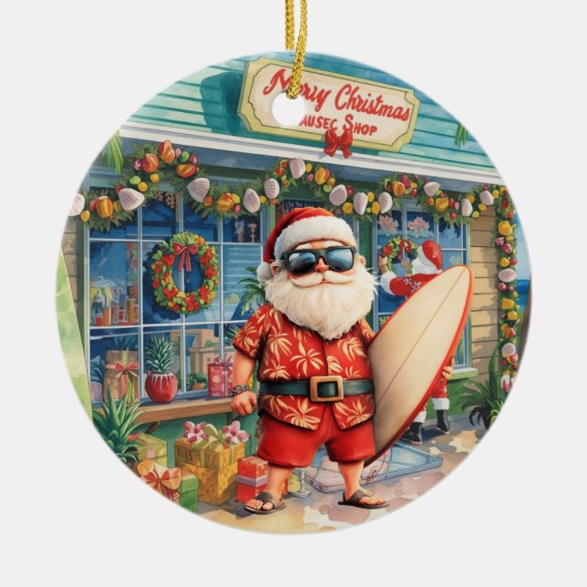 Surfing Christmas with Santa Claus surfer  Ceramic Tree Decoration (Front)